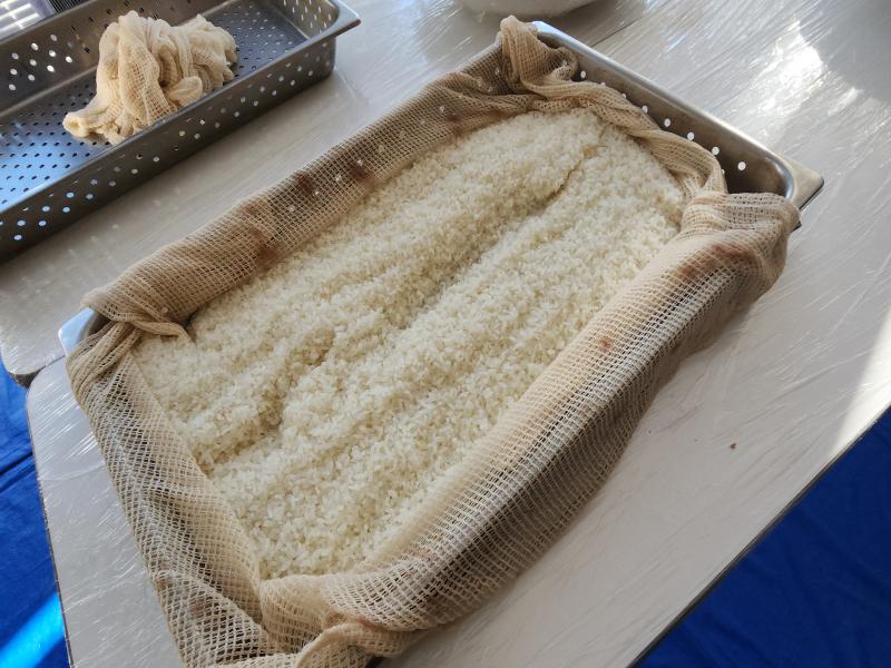 蒸かしたもち米をこれから機会に投入していきます